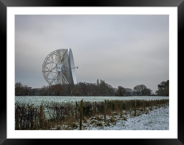 Jodrell Bank in a snow covered field  Framed Mounted Print by Vicky Outen