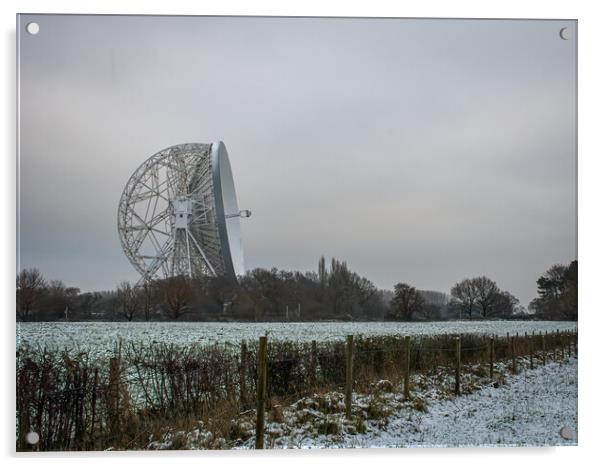 Jodrell Bank in a snow covered field  Acrylic by Vicky Outen