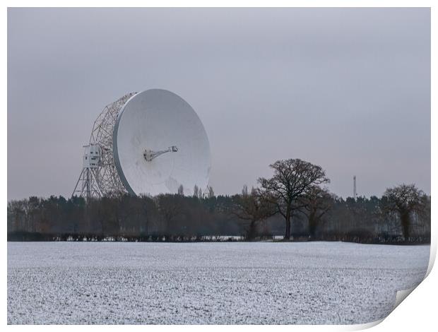 Jodrell Bank in a snow covered field Print by Vicky Outen