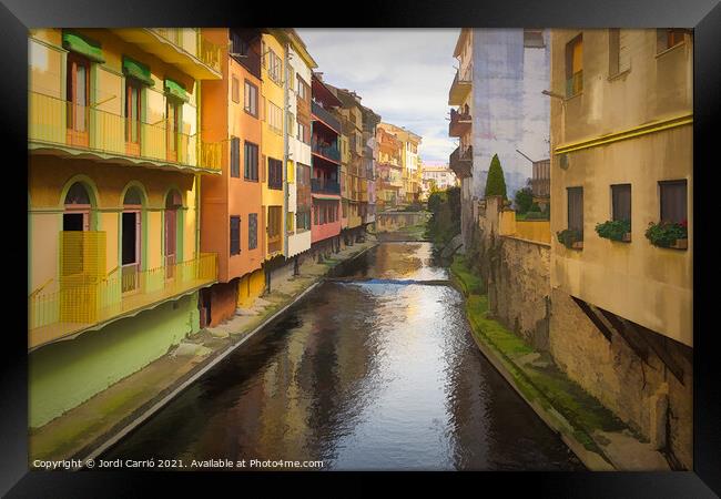 Painted houses bordering the Ritort river in Camprodon Framed Print by Jordi Carrio