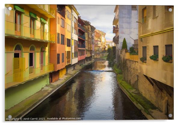 Painted houses bordering the Ritort river in Camprodon Acrylic by Jordi Carrio