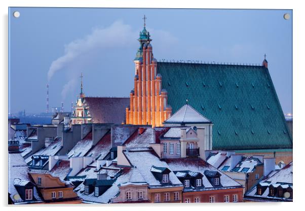 Old Town of Warsaw Snowy Roofs in Winter Acrylic by Artur Bogacki