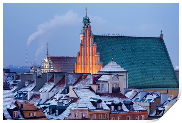 Old Town of Warsaw Snowy Roofs in Winter Print by Artur Bogacki