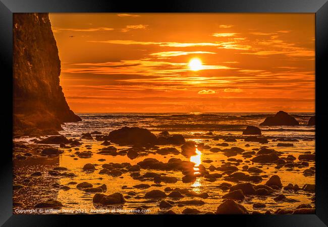 Colorful Sunset Low Tide Pool Canon Beach Oregon Framed Print by William Perry