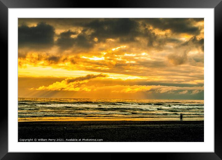 Walking Colorful Sunset Ocean Canon Beach Oregon Framed Mounted Print by William Perry