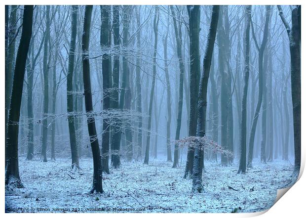 Winter wood, snow and fog Print by Simon Johnson