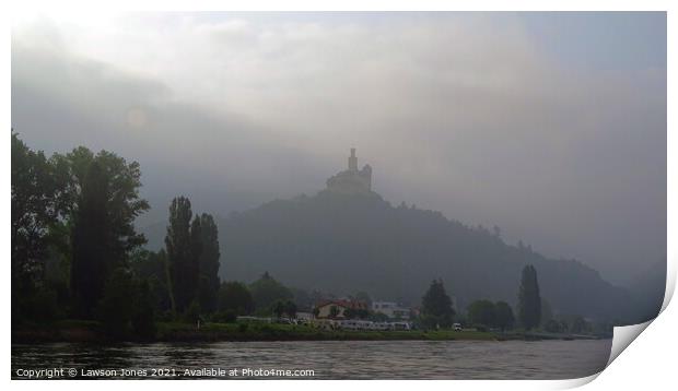 Mountaintop castle in the morning mist Print by Lawson Jones