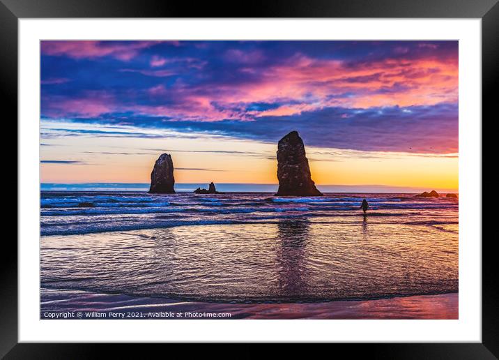 Colorful Sunset Sea Stacks Canon Beach Oregon Framed Mounted Print by William Perry