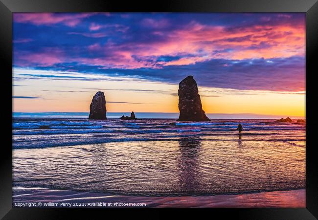 Colorful Sunset Sea Stacks Canon Beach Oregon Framed Print by William Perry