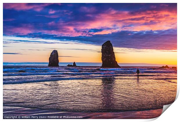 Colorful Sunset Sea Stacks Canon Beach Oregon Print by William Perry