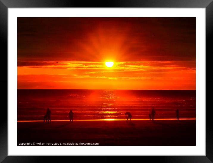 Colorful Sunset Tourists Ocean Canon Beach Oregon Framed Mounted Print by William Perry