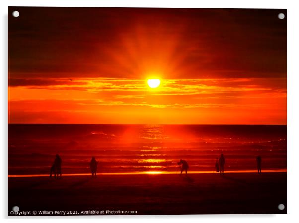 Colorful Sunset Tourists Ocean Canon Beach Oregon Acrylic by William Perry