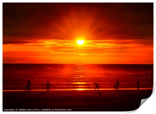 Colorful Sunset Tourists Ocean Canon Beach Oregon Print by William Perry