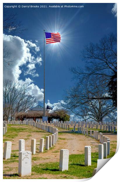 Sun Behind Flag at Cemetery Print by Darryl Brooks