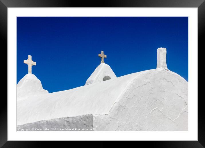 Crosses on Church of Panagia Paraportiani Framed Mounted Print by Kevin Hellon