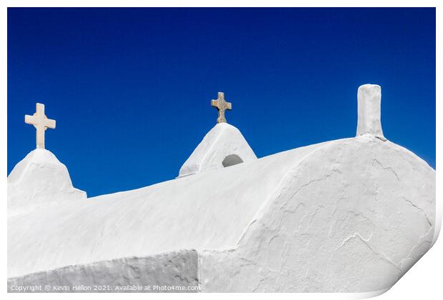 Crosses on Church of Panagia Paraportiani Print by Kevin Hellon