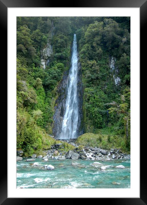 Thunder Creek Falls - Otago Framed Mounted Print by Laszlo Konya