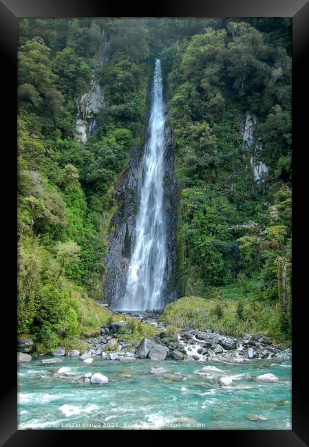Thunder Creek Falls - Otago Framed Print by Laszlo Konya