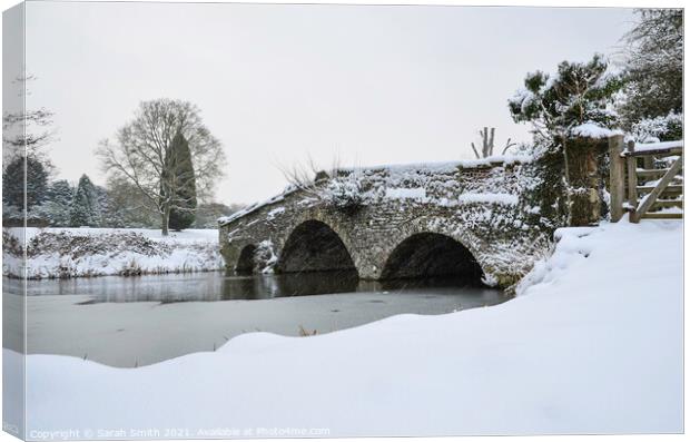 The Bridge by Waverley Abbey in the Snow Canvas Print by Sarah Smith