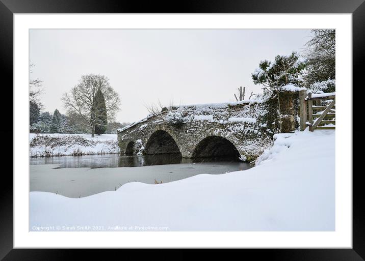 The Bridge by Waverley Abbey in the Snow Framed Mounted Print by Sarah Smith