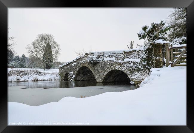 The Bridge by Waverley Abbey in the Snow Framed Print by Sarah Smith