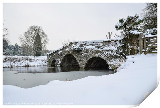 The Bridge by Waverley Abbey in the Snow Print by Sarah Smith