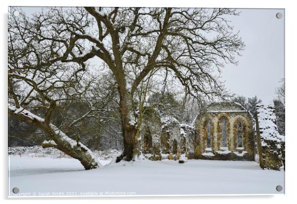 Snow Covered Waverley Abbey Ruin  Acrylic by Sarah Smith