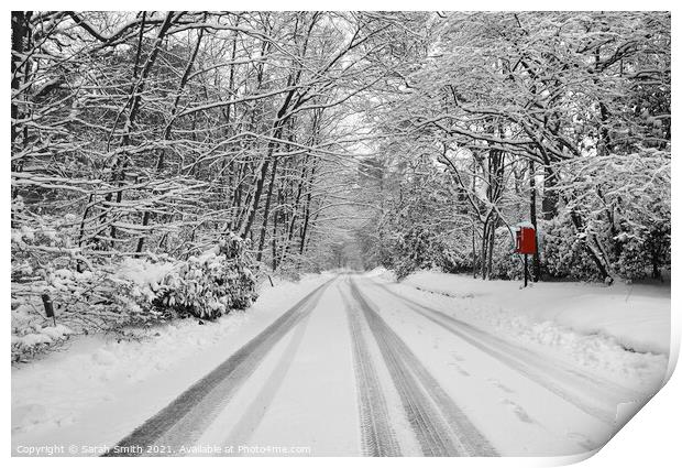 Snowy Road with Bright Red Postbox Print by Sarah Smith