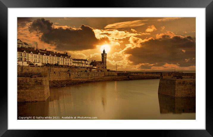 Porthleven Harbour  Cornwall, moody sky Porthleven Framed Mounted Print by kathy white