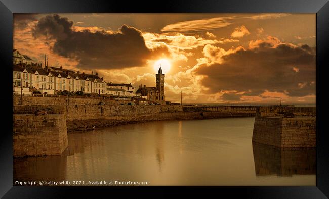 Porthleven Harbour  Cornwall, moody sky Porthleven Framed Print by kathy white