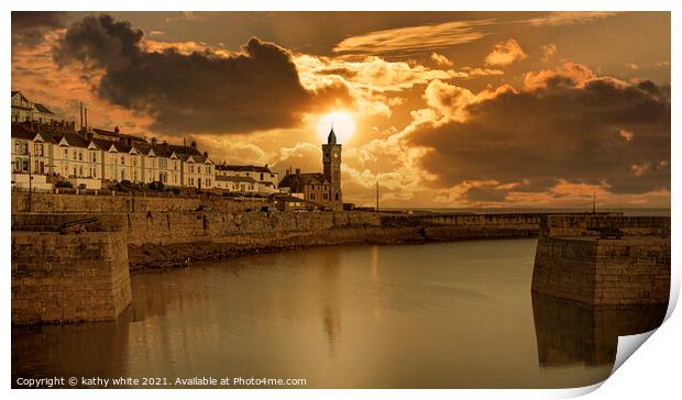 Porthleven Harbour  Cornwall, moody sky Porthleven Print by kathy white