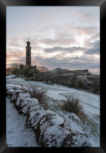 A Snowy Calton Hill at Sunrise Framed Print by Miles Gray