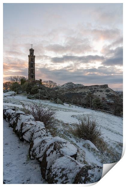 A Snowy Calton Hill at Sunrise Print by Miles Gray