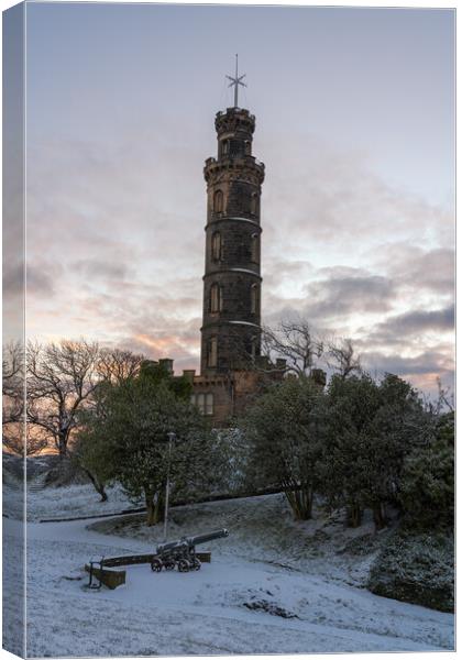 A snow covered Calton Hill looking over the Nelson Monument Canvas Print by Miles Gray