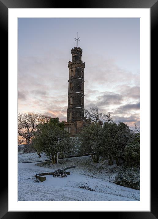 A snow covered Calton Hill looking over the Nelson Monument Framed Mounted Print by Miles Gray