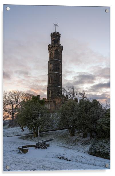A snow covered Calton Hill looking over the Nelson Monument Acrylic by Miles Gray