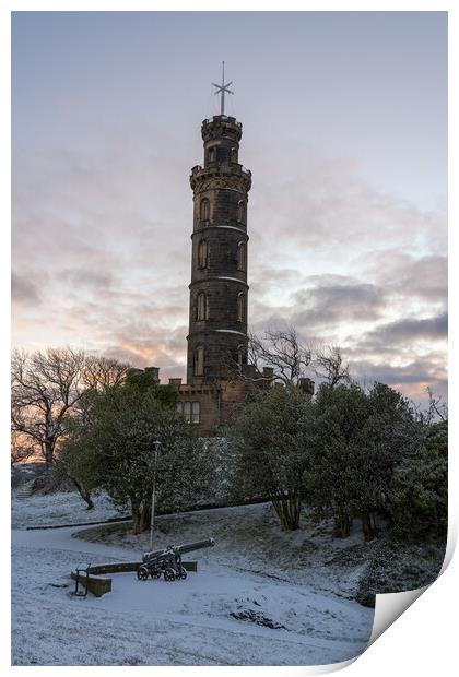 A snow covered Calton Hill looking over the Nelson Monument Print by Miles Gray