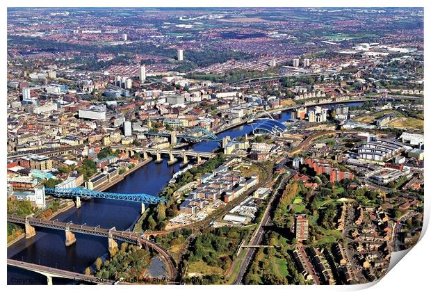 Aerial view Newcastle river-tyne bridges Print by mick vardy