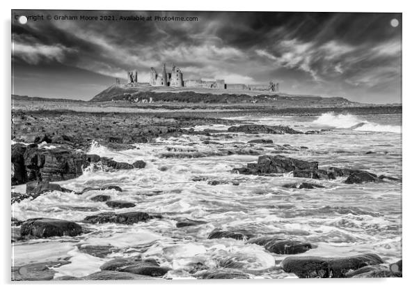 Dunstanburgh Castle from the south monochrome Acrylic by Graham Moore