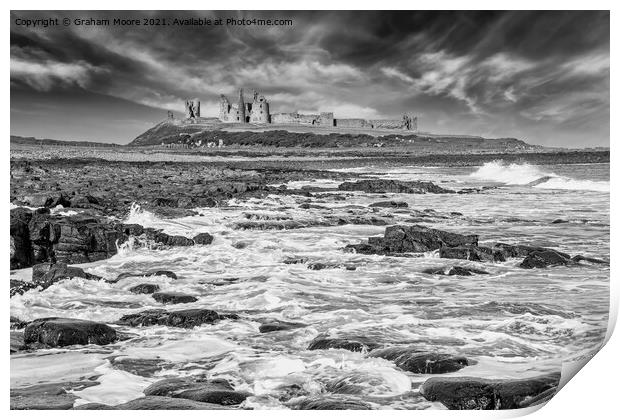 Dunstanburgh Castle from the south monochrome Print by Graham Moore