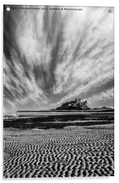 Bamburgh Castle with streaky clouds monochrome Acrylic by Graham Moore