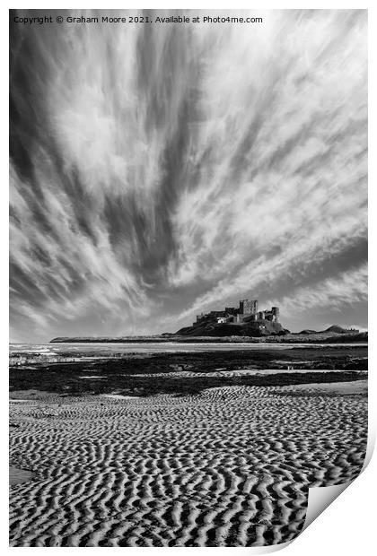 Bamburgh Castle with streaky clouds monochrome Print by Graham Moore