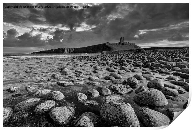 Dunstanburgh Castle from the north monochrome Print by Graham Moore