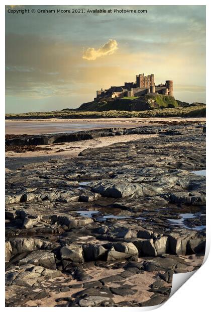 Bamburgh Castle from rocky beach Print by Graham Moore