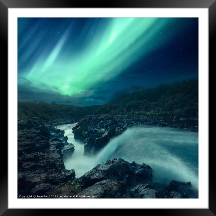 Aurora Borealis over a River in Iceland Framed Mounted Print by Pere Sanz