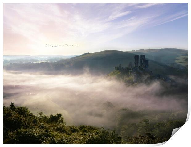 Fresh New Day at Corfe Castle Print by David Neighbour