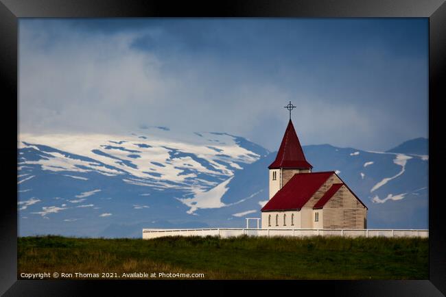 Icelandic Church in Landscape. Framed Print by Ron Thomas