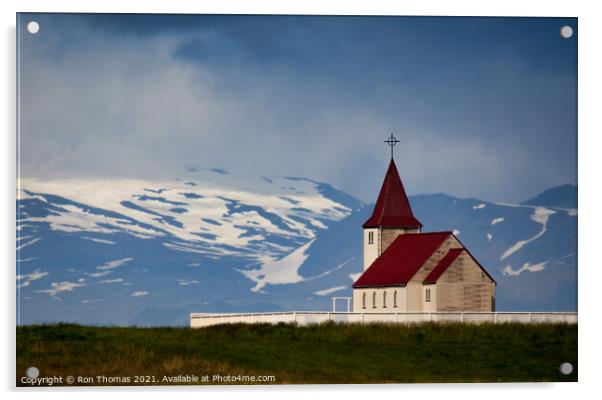 Icelandic Church in Landscape. Acrylic by Ron Thomas