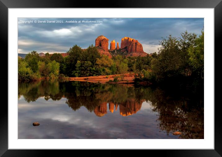 Sunlight hits the top of Cathedral Rock Sedona  Framed Mounted Print by Derek Daniel