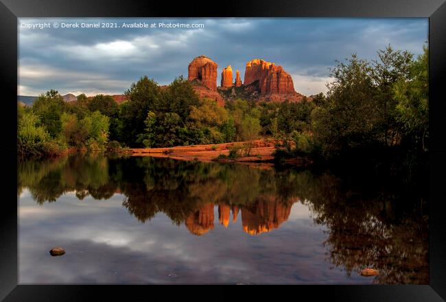 Sunlight hits the top of Cathedral Rock Sedona  Framed Print by Derek Daniel